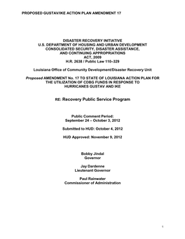 Amendment to State of Louisiana Action Plan for Disaster Recovery –