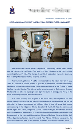 Rear Admiral Ajit Kumar Takes Over As Eastern Fleet Commander