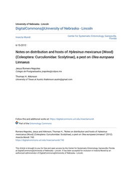 Notes on Distribution and Hosts of Hylesinus Mexicanus (Wood) (Coleoptera: Curculionidae: Scolytinae), a Pest on Olea Europaea Linnaeus