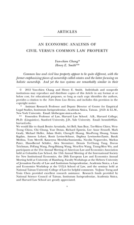 Articles an Economic Analysis of Civil Versus Common Law Property