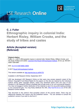Ethnographic Inquiry in Colonial India: Herbert Risley, William Crooke, and the Study of Tribes and Castes