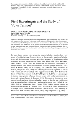Field Experiments and the Study of Voter Turnout