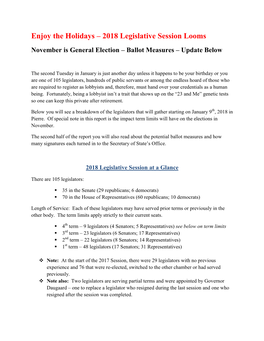 2018 Legislative Session Looms November Is General Election – Ballot Measures – Update Below