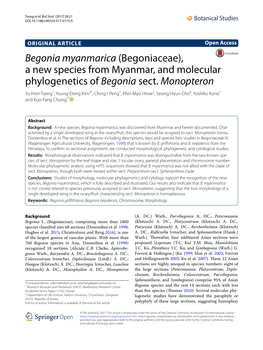 Begonia Myanmarica (Begoniaceae), a New Species from Myanmar, and Molecular Phylogenetics of Begonia Sect