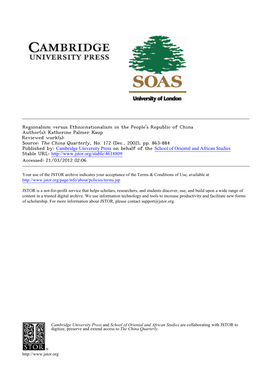 Regionalism Versus Ethnicnationalism in the People's Republic of China Author(S): Katherine Palmer Kaup Reviewed Work(S): Source: the China Quarterly, No