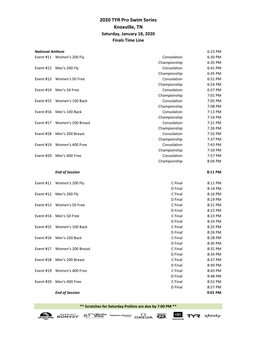 2020 TYR Pro Swim Series Knoxville, TN Saturday, January 18, 2020 Finals Time Line