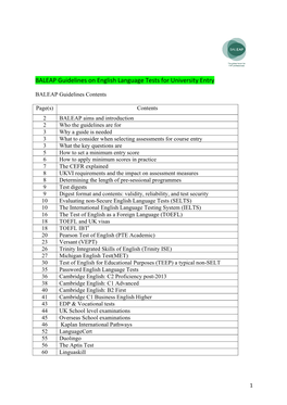 BALEAP Guidelines on English Language Tests for University Entry