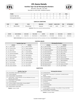 CFL Game Details Hamilton Tiger-Cats @ Winnipeg Blue Bombers Week #24 - Game #95 - Year 2019 November 24, 2019-18:00 - Mcmahon Stadium