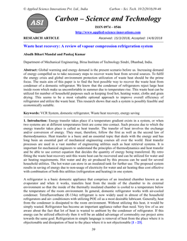 Waste Heat Recovery: a Review of Vapour Compression Refrigeration System