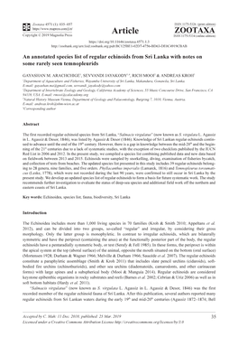 An Annotated Species List of Regular Echinoids from Sri Lanka with Notes on Some Rarely Seen Temnopleurids