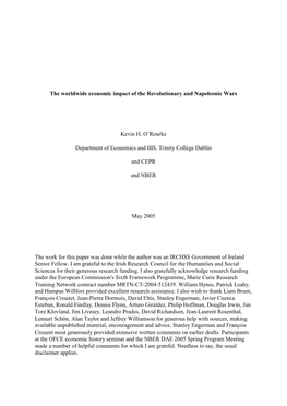 The Worldwide Economic Impact of the Revolutionary and Napoleonic Wars Kevin H. O'rourke Department of Economics and IIIS