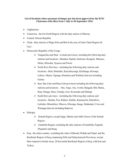 List of Locations Where Payment of Danger Pay Has Been Approved by the ICSC Chairman with Effect from 1 July to 30 September 2016
