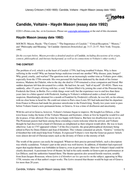 Literary Criticism (1400-1800): Candide, Voltaire - Haydn Mason (Essay Date 1992)