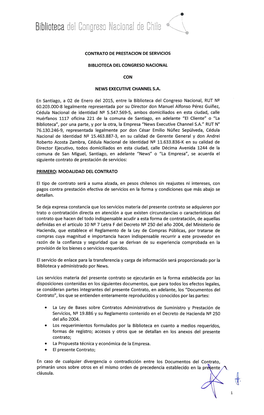 CONTRATO DE PRESTACION DE SERVICIOS BIBLIOTECA DEL CONGRESO NACIONAL CON NEWS EXECUTIVE CHANNEL S.A. En Santiago, a 02 De Enero