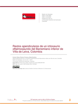 Restos Apendiculares De Un Ictiosaurio Oftalmosáurido Del Barremiano Inferior De Villa De Leiva, Colombia