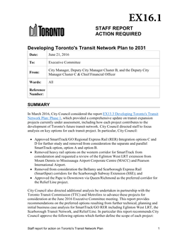Developing Toronto's Transit Network Plan to 2031 Date: June 21, 2016