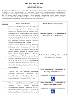 OBWIESZCZENIE Burmistrza Wadowic Z Dnia 12 Czerwca 2020 Roku