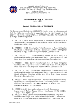 Republic of the Philippines DEPARTMENT of PUBLIC WORKS and HIGHWAYS CAMARINES SUR SECOND DISTRICT ENGINEERING OFFICE Regional Office V Baras, Canaman, Camarines Sur