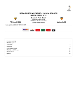 UEFA EUROPA LEAGUE - 2013/14 SEASON MATCH PRESS KITS St