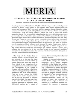 STUDENTS, TEACHERS, and EDWARD SAID: TAKING STOCK of ORIENTALISM by Joshua Teitelbaum and Meir Litvak,* Translated from Hebrew by Keren Ribo