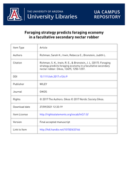 Richman Et Al. 1 1 FORAGING STRATEGY PREDICTS FORAGING