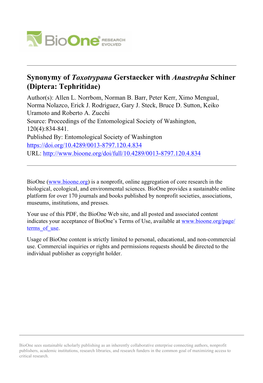 Synonymy of Toxotrypana Gerstaecker with Anastrepha Schiner (Diptera: Tephritidae) Author(S): Allen L