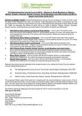 NOTICE of PROPOSAL A616 Ollerton to S Muskham 50Mph SL