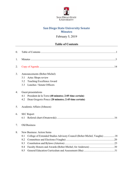 San Diego State University Senate Minutes February 5, 2019 Table Of