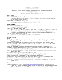 MARTHA A. SANDWEISS Professor of History, 136 Dickinson Hall, Princeton University, Princeton, NJ 08544-1017 Masand@Princeton.Ed