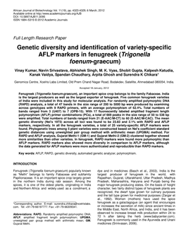 Genetic Diversity and Identification of Variety-Specific AFLP Markers in Fenugreek (Trigonella Foenum -Graecum)