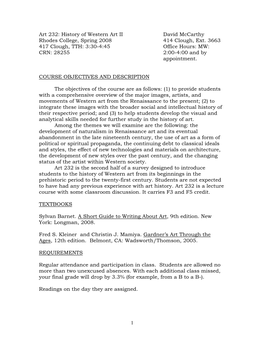 Art 232: History of Western Art II David Mccarthy Rhodes College, Spring 2008 414 Clough, Ext