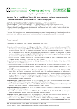 Notes on Early Land Plants Today. 61. New Synonyms and New Combinations in Cephaloziaceae and Cephaloziellaceae (Marchantiophyta)