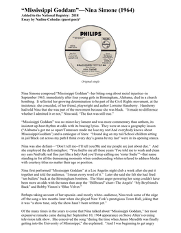 Mississippi Goddam”—Nina Simone (1964) Added to the National Registry: 2018 Essay by Nadine Cohodas (Guest Post)*