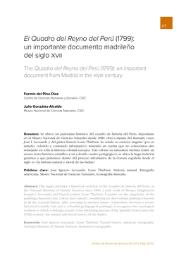 El Quadro Del Reyno Del Perú (1799): Un Importante Documento Madrileño Del Siglo XVII