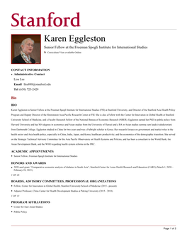 Karen Eggleston Senior Fellow at the Freeman Spogli Institute for International Studies Curriculum Vitae Available Online