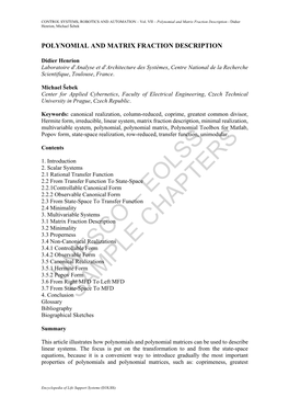 Polynomial and Matrix Fraction Description - Didier Henrion, Michael Šebek