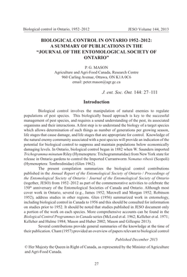 BIOLOGICAL CONTROL in ONTARIO 1952–2012: a SUMMARY of PUBLICATIONS in the “JOURNAL of the ENTOMOLOGICAL SOCIETY of ONTARIO”