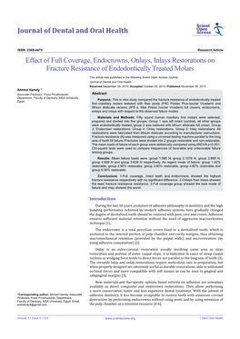 Effect of Full Coverage, Endocrowns, Onlays, Inlays Restorations on Fracture Resistance of Endodontically Treated Molars