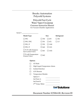 Brooks Automation Polycold Systems Polycold Fast Cycle Water Vapor Cryopump Customer Instruction Manual for Vacuum Chamber Applications