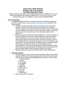 Astronomy C249: Planets Problem Set #1 (Fall 2017) Due Friday, September 8 at 5Pm Please Indicate the Time Spent on the Assignment and List Any Collaborators