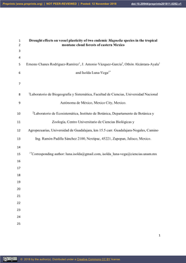 Drought Effects on Vessel Plasticity of Two Endemic Magnolia Species in the Tropical 2 Montane Cloud Forests of Eastern Mexico 3 4
