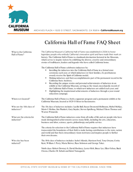 California Hall of Fame FAQ Sheet 2016