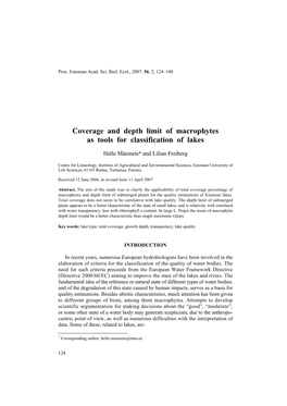 Coverage and Depth Limit of Macrophytes As Tools for Classification of Lakes