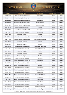 Bath Rugby Fixtures 15/16