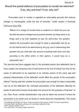 Should the Partial Defence of Provocation to Murder Be Reformed? If So, Why and How? If Not, Why Not?