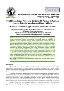 Total Phenolic and Flavonoid Contents of Pluchea Indica Less Leaves Extracts from Some Altitude Habitats