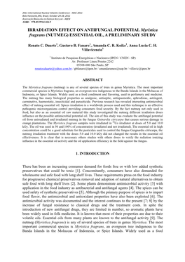 IRRADIATION EFFECT on ANTIFUNGAL POTENTIAL Myristica Fragrans (NUTMEG) ESSENTIAL OIL, a PRELIMINARY STUDY