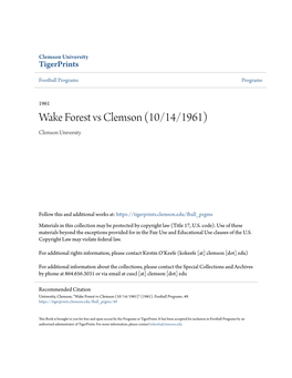 Wake Forest Vs Clemson (10/14/1961) Clemson University