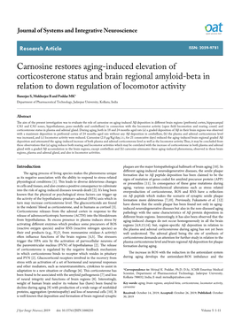 Carnosine Restores Aging-Induced Elevation of Corticosterone Status and Brain Regional Amyloid-Beta in Relation to Down Regulati