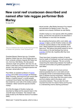 New Coral Reef Crustacean Described and Named After Late Reggae Performer Bob Marley 10 July 2012